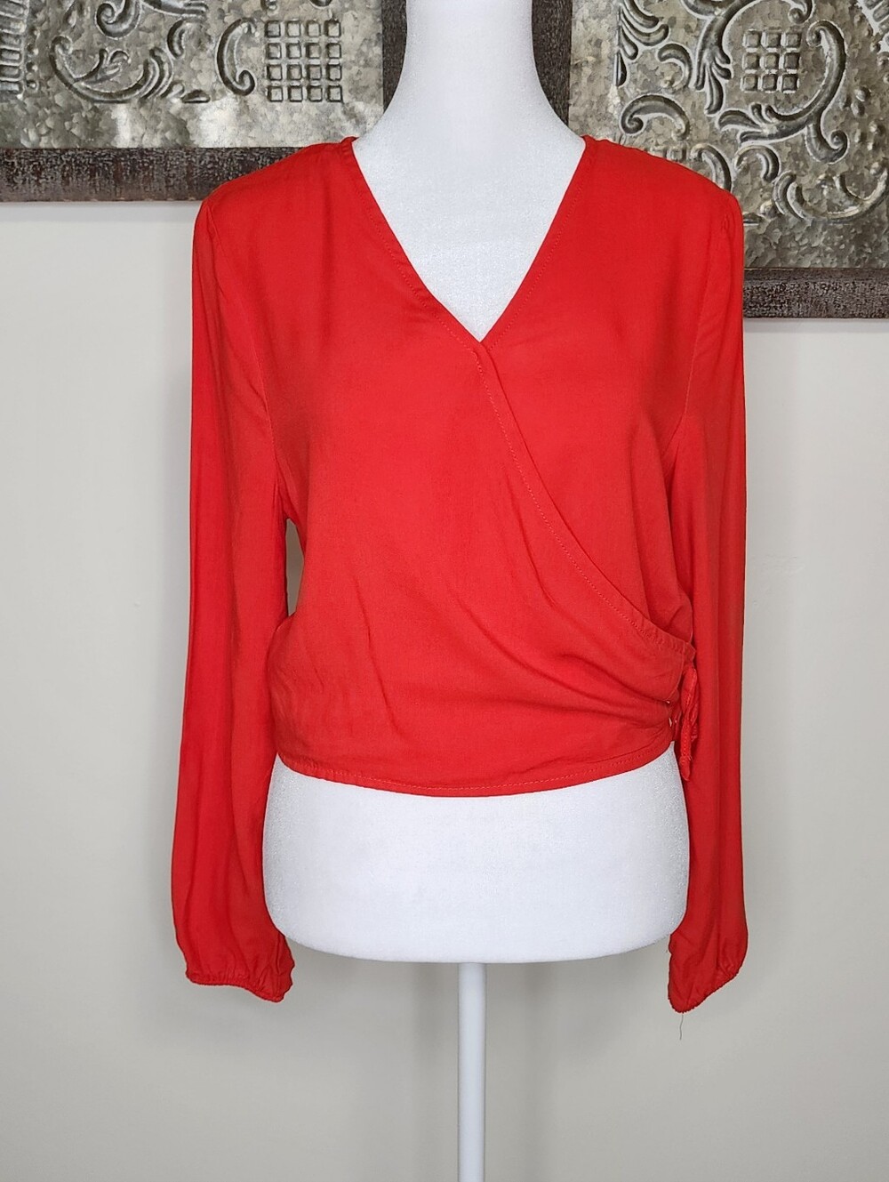 Green Goddess Red V-Neck Wrap Long-Sleeve Cropped Top Large Baddie Streetwear